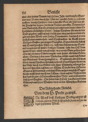 Der Achtzehende Artickel. Von dem H. Predigampt.