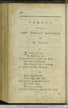 Verses, To The Lady Mary Wortley Montague, By Mr. Pope