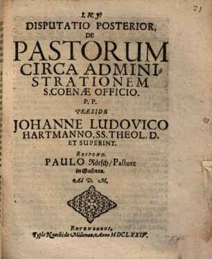 Disputatio Prior, De Pastorum Circa Administrationem S. Coenae Officio