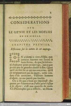 Chapitre Premier. Réflexion sur la nature de cet ouvrage