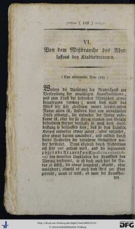 VI. Von dem Mißbrauche des Aderlassens bey Kindbetterinnen.