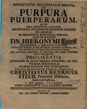 Dissertatio Inavgvralis [Inauguralis] Medica, De Purpura Puerperarum
