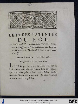 Lettres Patentes Du Roi, Sur le Décret de l'Assemblée Nationale, concernant l'enregistrement & la publication des Loix par les Tribunaux, les Municipalités & autres Corps administratifs.