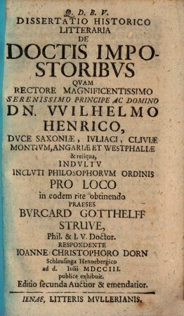 Dissertatio Historico Litteraria De Doctis Impostoribvs