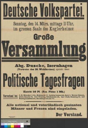 Plakat zu einer öffentlichen Parteiversammlung der DVP am 14. März 1920 in Braunschweig