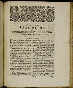 Pars prima de Dominio directo in alieno territorio in genere.