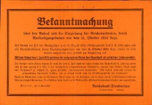 Bekanntmachung über den Aufruf und die Einziehung der Reichsbanknoten (Reichsbankdirektorium)