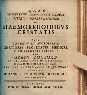 Dissertatio inauguralis medica sistens observationem de haemorrhoidibus cristatis
