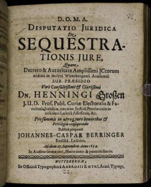Disputatio Iuridica De Sequestrationis Iure