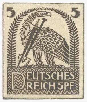 Probedruck eines Briefmarkenentwurfs : Adler mit Schaufel und Schwert von Farn umgeben, Wert in den oberen Ecken, Schriftzug unter der Darstellung
