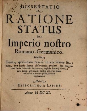 Dissertatio de ratione status in imperio nostro Romano-Germanico