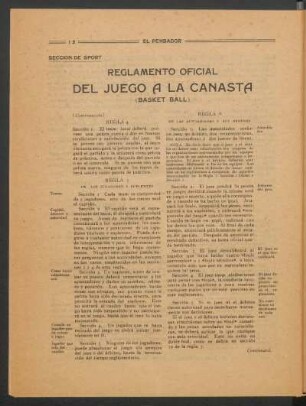 Reglamento oficial del juego a la canasta (basket ball) - (Continuación) : Sección de sport