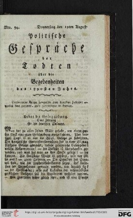 Ueber die Gesetzgebung. Eine Zeitung für die heutigen Solonen