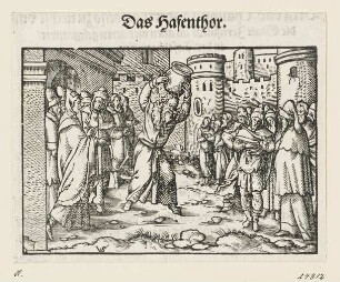 Jeremias zerschlägt den Krug, aus: Adam Reißner, "IERVSALEM, Die Alte Haubtstat der Jüden/ wie sie vor der zerstörung auff hohem Gebirg/ mitten in der Welt/ als das jrrdische Para=dyß/ ein vorbildt der ewigen Statt Gottes/ war (...), Der Erste Thail", Frankfurt am Main 1563, fol. CXIX (verso)