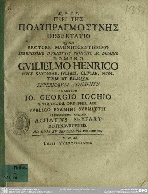 Peri Tēs Podypragmosynēs Dissertatio