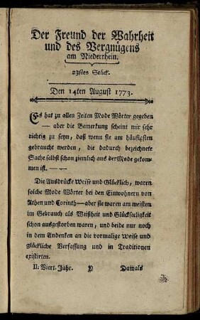 23stes Stück. Den 14ten August 1773.