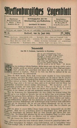 Nr. 12. Rostock, den 24. Juni 1931. 59. Jahrg.