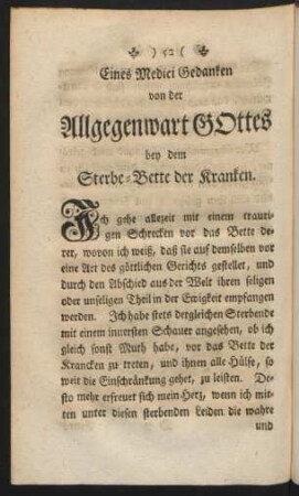 Eines Medici Gedanken von der Allgegenwart Gottes bey dem Sterbe-Bette der Kranken.