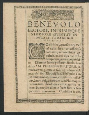Benevolo Lectori, Inprimisque Studiosae Juventuti ...
