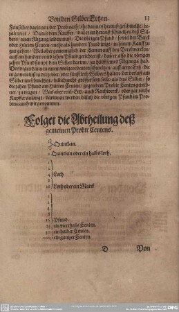 Folget die Abtheilung deß gemeinen Probir Centens.