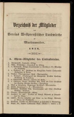 Verzeichniß der Mitglieder des Vereins Westpreußischer Landwirthe zu Marienwerder. 1858
