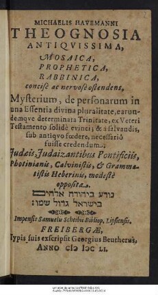 Michaelis Havemanni Theognosia Antiquissima, Mosaica, Prophetica, Rabbinica : concise ac nervose ostendens, Mysterium, de personarum in una Essentia divina pluralitate, earundemque determinata Trinitate, ex Veteri Testamento solide evinci; & a salvandis, sub antiquo foedere, necessario fuisse credendum. Judaeis, Judaizantibus Pontificiis, Photinianis, Calvinistis, & Grammatistis Heberinis, modeste opposita