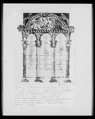 Evangelistar — Kanontafel mit Architekturrahmen und Evangelistensymbolen, Folio 3 verso