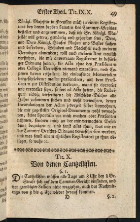 49-60, Tit. X. Von denen Cantzellisten.; Tit. XI. Von denen Cantzley-Dienern, oder Bothenmeistern.; Tit. XII. Von den Cammer-Gerichts- und Fiscal-Bothen.