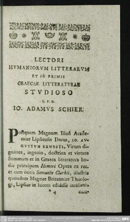 Lectori Humaniorum Litterarum Et In Primis Graecae Litteraturae Studioso
