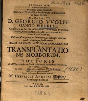 Dissertationem Medicam Inauguralem De Transplantatione Morborum