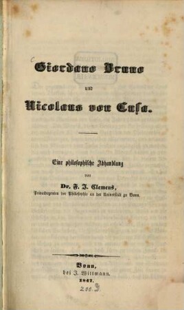 Giordano Bruno und Nicolaus von Cusa : eine philosophische Abhandlung