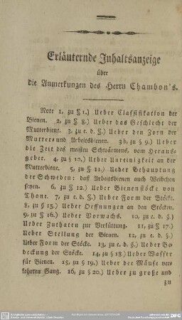 Erläuternde Inhaltsanzeige über die Anmerkungen des Herrn Chambon's