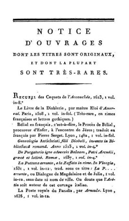Notice D'Ouvrages Dont Les Titres Sont Originaux, Et Dont La Plupart Sont Très-Rares.