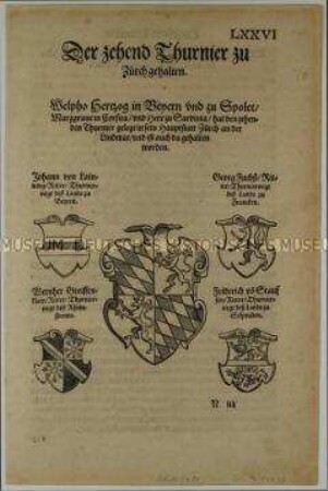 Zehntes Turnier zu Zürich im Jahr 1165 - Stadt- und Familienwappen (S. LXXVI aus dem Turnierbuch/1. Teil)
