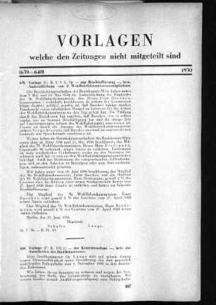 Anlage: (639-640), Vorlagen, welche den Zeitungen nicht mitgeteilt sind, 29. Juli 1930