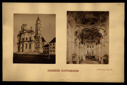 2, Klosterkirche außen. Deckengemälde und Chor.