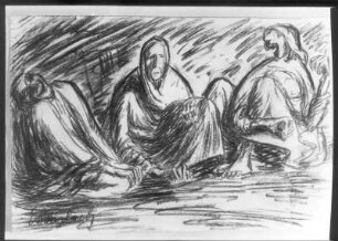 Drei Frauen (mit lachender Alter) : Drei Frauen (mit lachender Alter). Kohlezeichnung (vielleicht um 1935; E. Barlach). Güstrow, Atelier des Bildhauers
