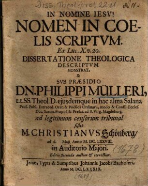 Nomen In Coelis Scriptvm, Ex Luc. X. v. 20. Dissertatione Theologica Descriptvm