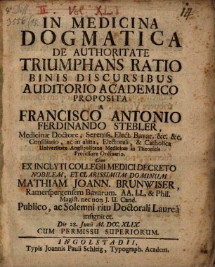 In Medicina Dogmatica De Authoritate Triumphans Ratio