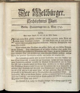 Sechszehntes Blatt. Berlin, Donnerstags den 18. May 1741.