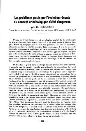 211-213, Les problèmes posés par l'évolution récente du concept criminologique d'état dangereux, par G. Houchon