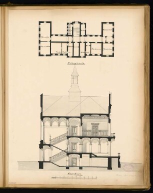 Rathaus, Calau Monatskonkurrenz März 1879: Grundriss Keller, Querschnitt; Maßstabsleiste