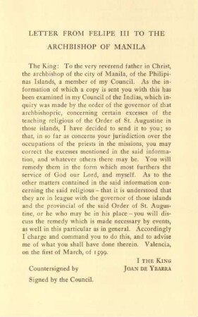 Letter from Felipe III to the archbishop of Manila