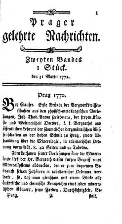 Zweyten Bandes 1 Stück. den 31 Martii 1772.