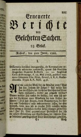 23 Stück. Rostock, den 5ten Junii, 1766