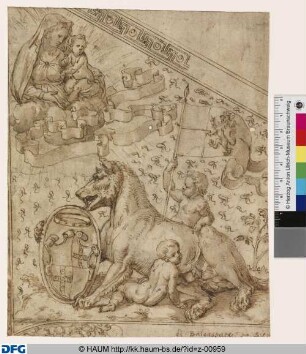 Madonna mit Kind über der Sieneser Wölfin mit Wappen der Piccolomini, oben Mäander (Ausschnitt einer rechten Giebelhälfte)