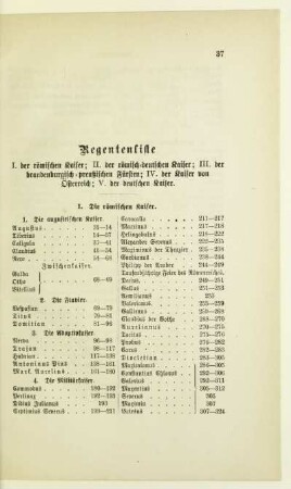 Regentenliste I. der römischen Kaiser; II. der römisch-deutschen Kaiser; III. der brandenburgisch-preußischen Fürsten; IV. der Kaiser von Österreich; V. der deutschen Kaiser
