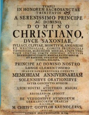 Templi in honorem Sacrosanctae trinitatis ... memoriam anniversariam solennibus orationibus ... indicit et de versionibus hymnorum germanicorum graecis disserit