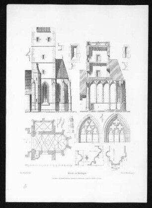 Kirche zu Mettingen. Außenansichten, Grundriss und Schnitt.