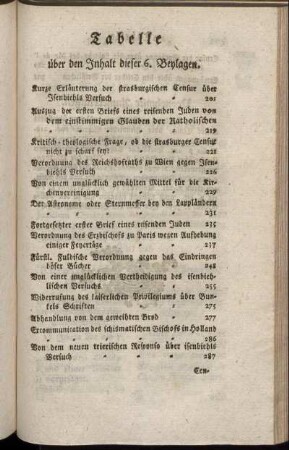 Tabelle über den Inhalt dieser 6 Beylagen